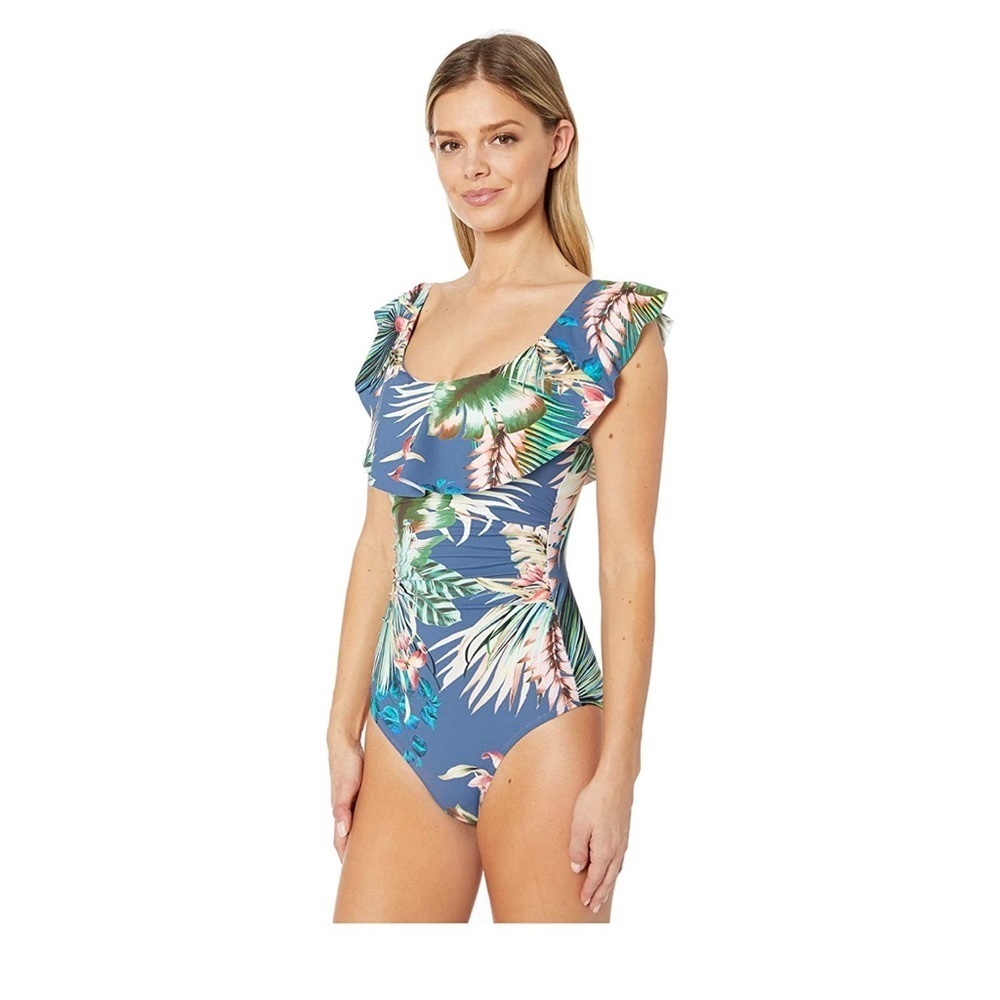La Blanca Rain tropical off the shoulder ruffle one piece swim suit bathing 12